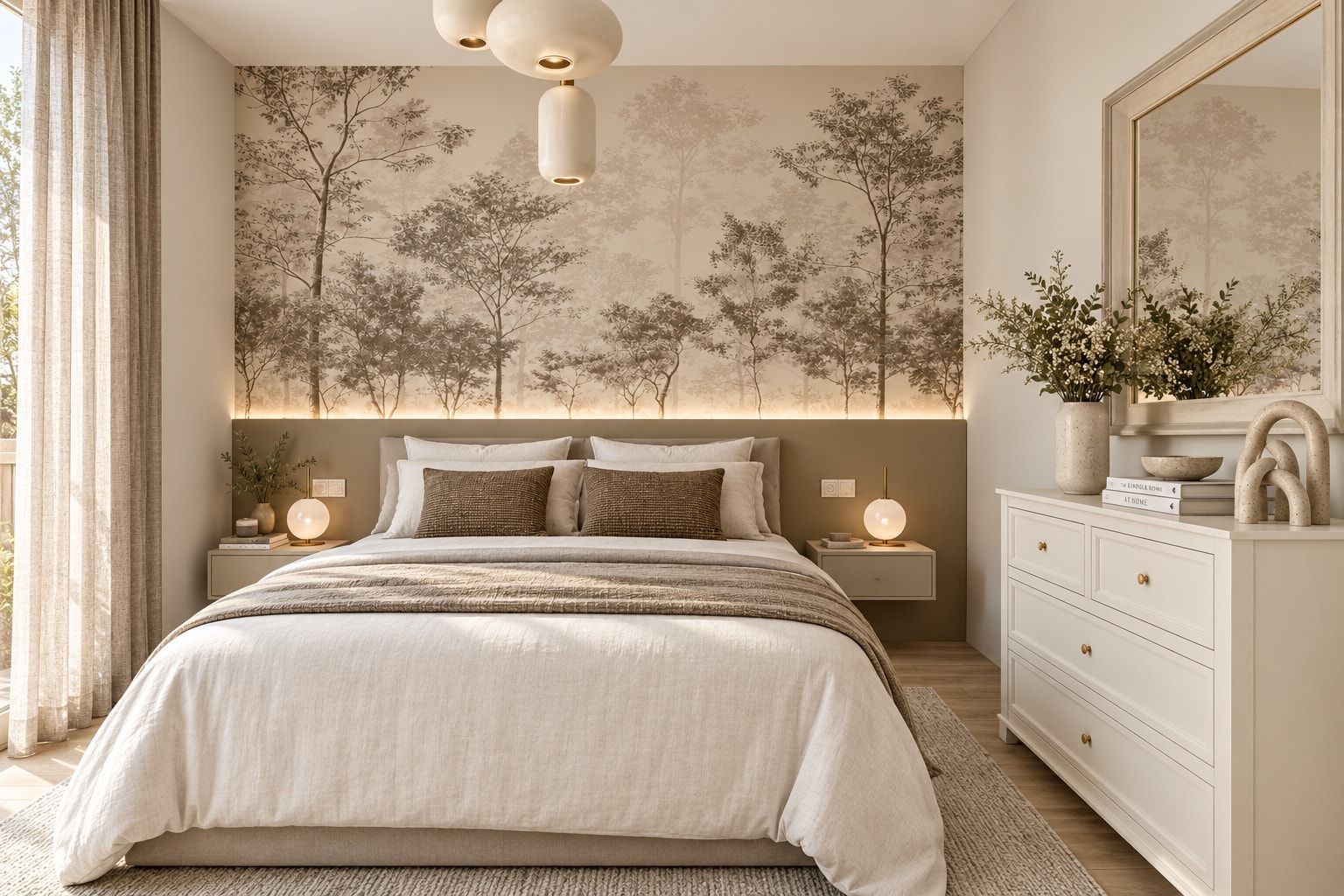 Bedroom with a forest-motif wallpaper behind the bed, concealed lighting and a white dresser.