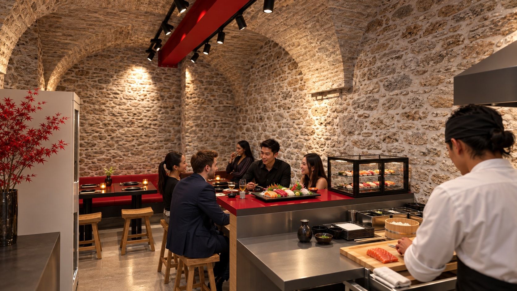 Gosti za šankom promatraju kuhara koji priprema sushi pod kamenim svodom.