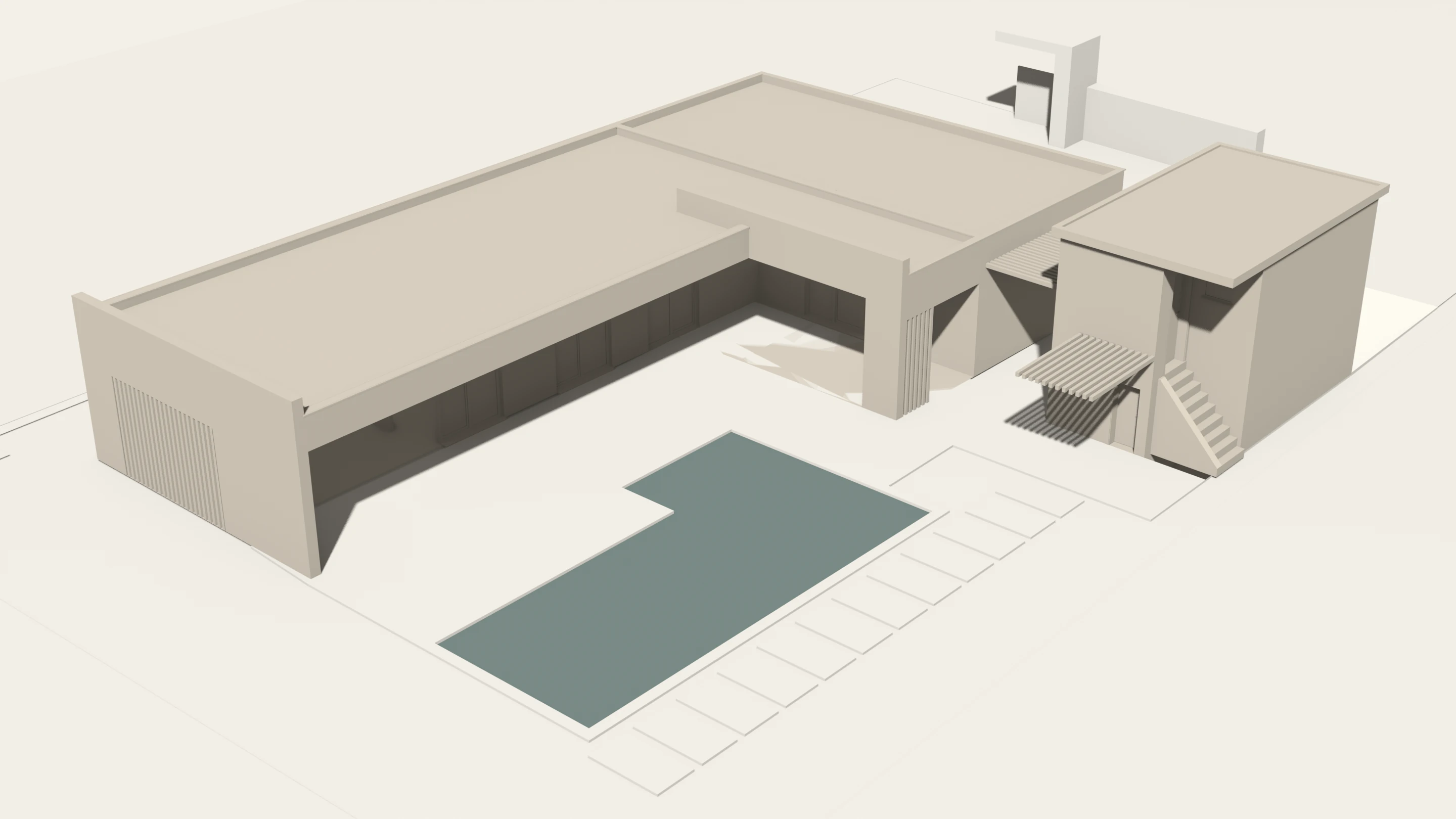 An architectural composition with two wings, a canopy and a pool, shown as a light stone model.