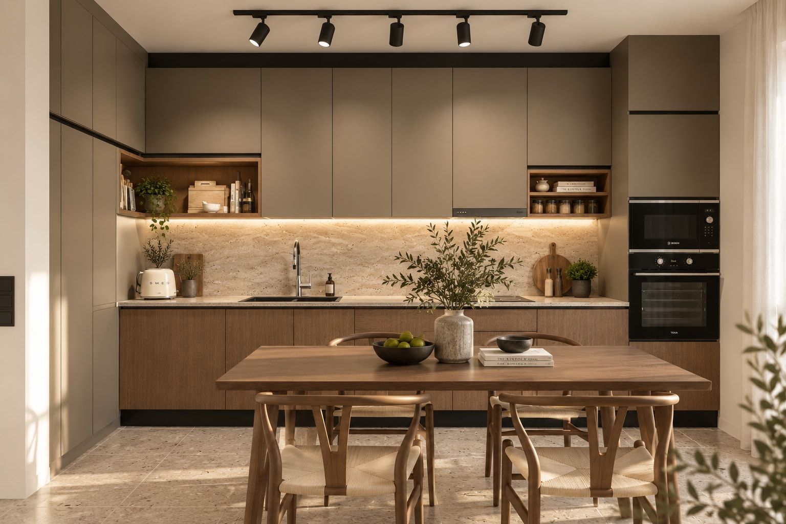 Kitchen in daylight with a timber dining table and chairs.