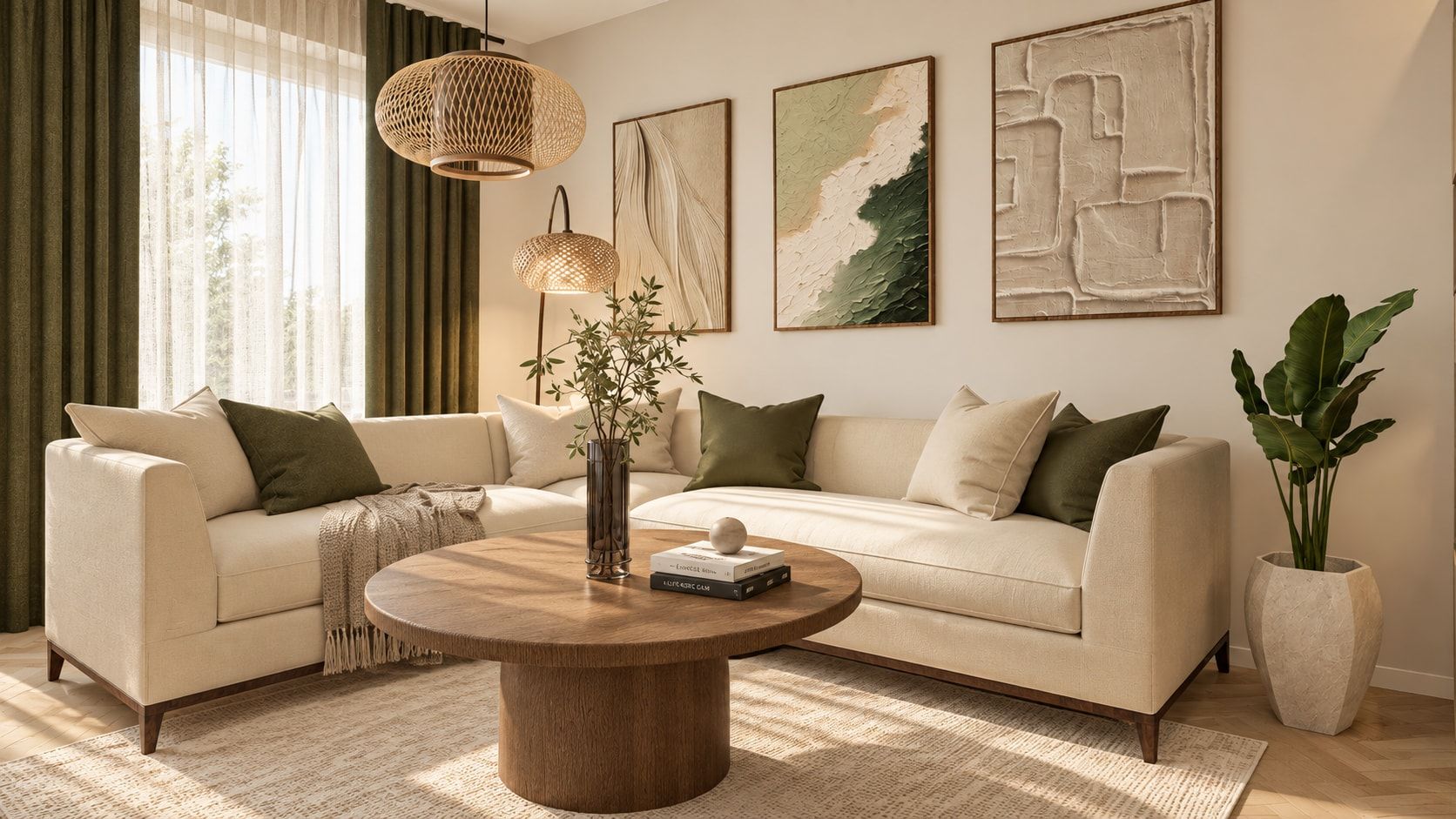 Bright living room with a white sofa, olive cushions, a round timber coffee table and textured artworks.