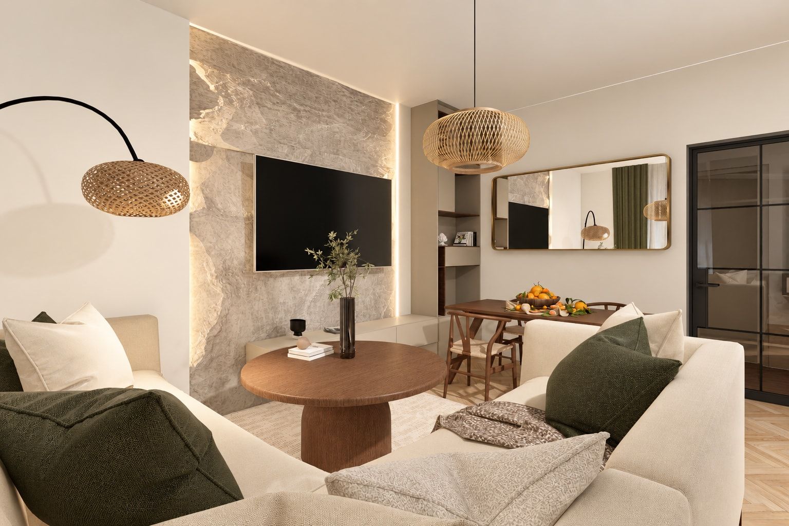Living room with a stone television wall, black-framed glass doors and a view to the dining area.