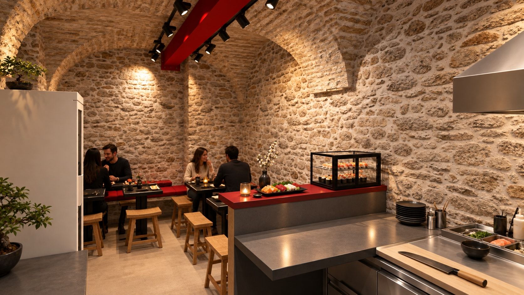 Sushi pult s vitrinom i noževima, u pozadini gosti na crvenoj klupi.